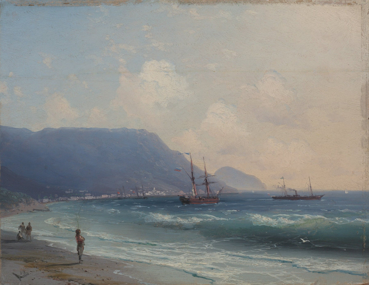 Hand-painted coastal bay with sailing ships nautical oil painting on canvas