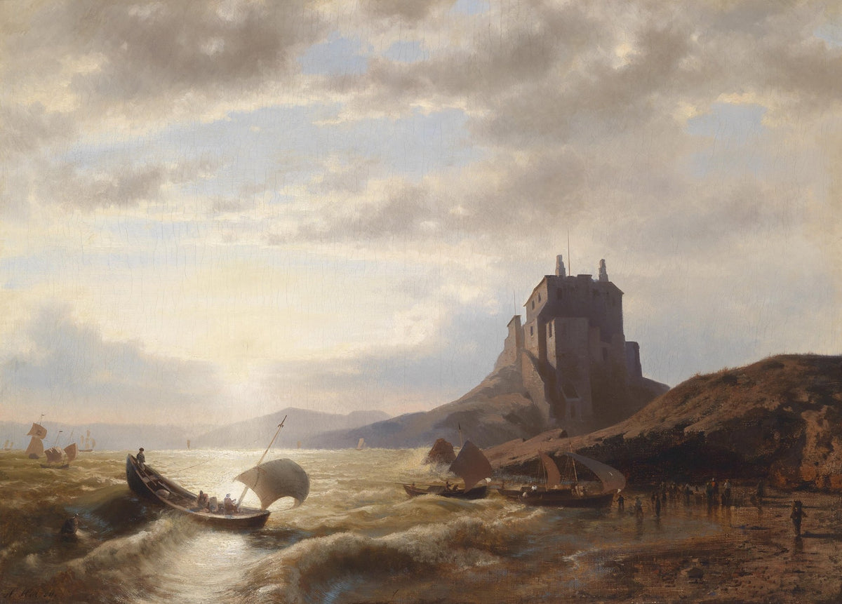 Hand-painted coastal boats by a cliffside fort nautical oil painting on canvas