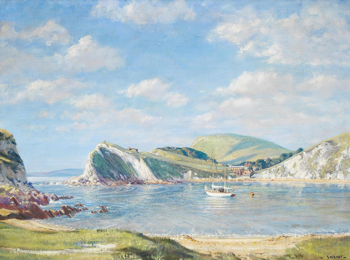 Hand-painted coastal cove yacht in calm blue bay nautical oil painting on canvas