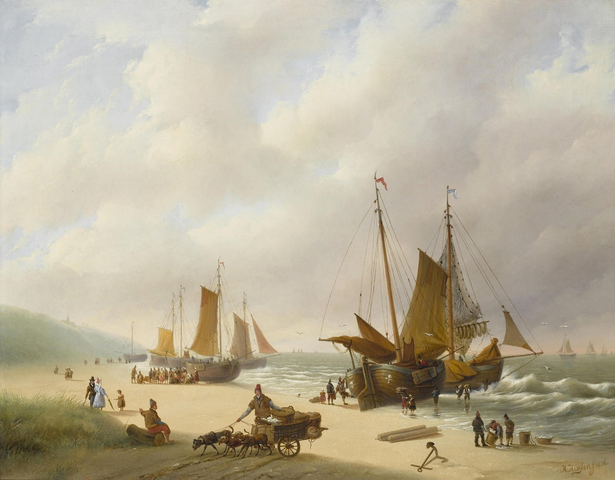 Hand-painted coastal fishing boats ashore nautical oil painting on canvas