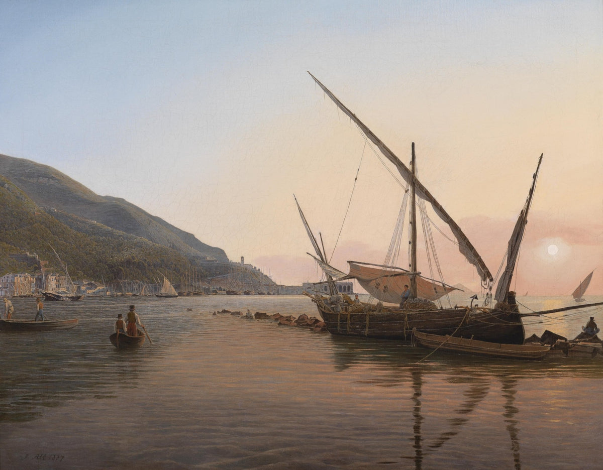 Hand-painted coastal fishing boats at sunset nautical oil painting on canvas