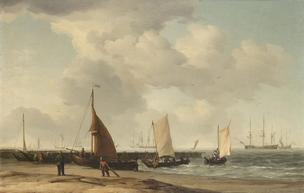 Hand-painted coastal fishing boats by sandy shore nautical oil painting on canvas