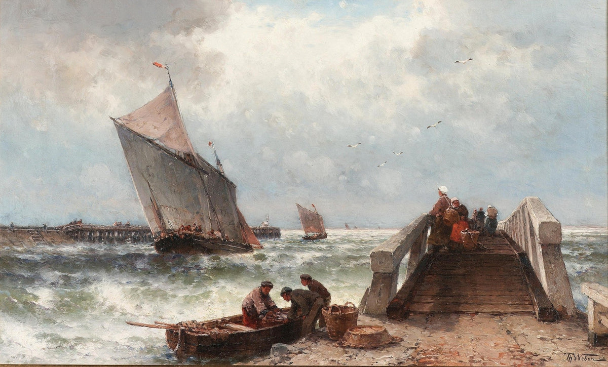 Hand-painted coastal fishing boats by windy pier nautical oil painting on canvas