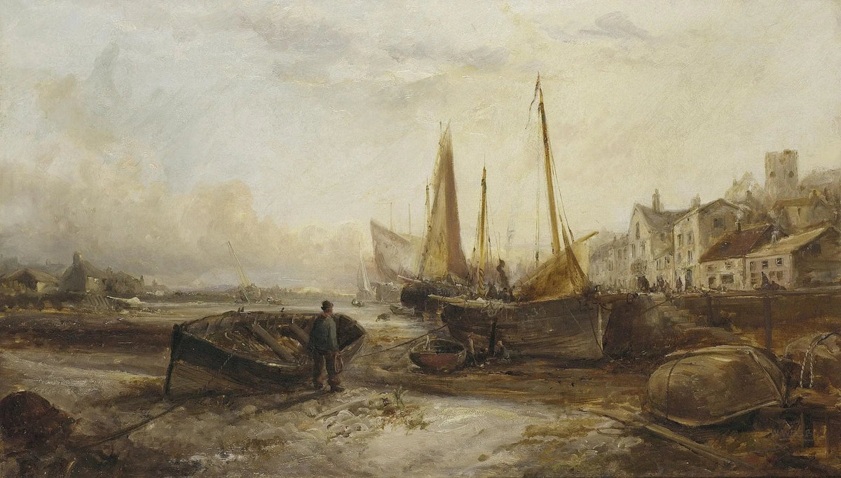 Hand-painted coastal harbor with ships nautical oil painting on canvas