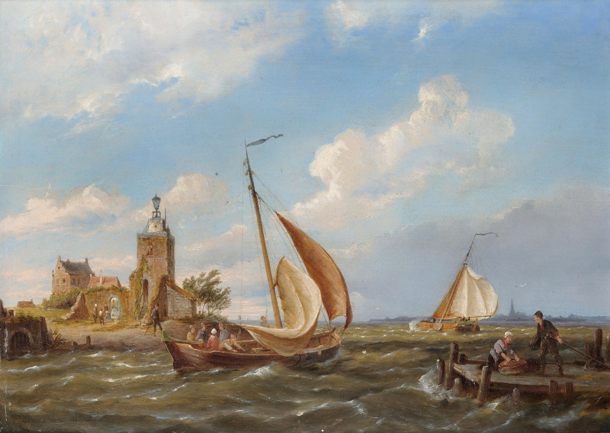Hand-painted coastal lighthouse and sailboats nautical oil painting on canvas