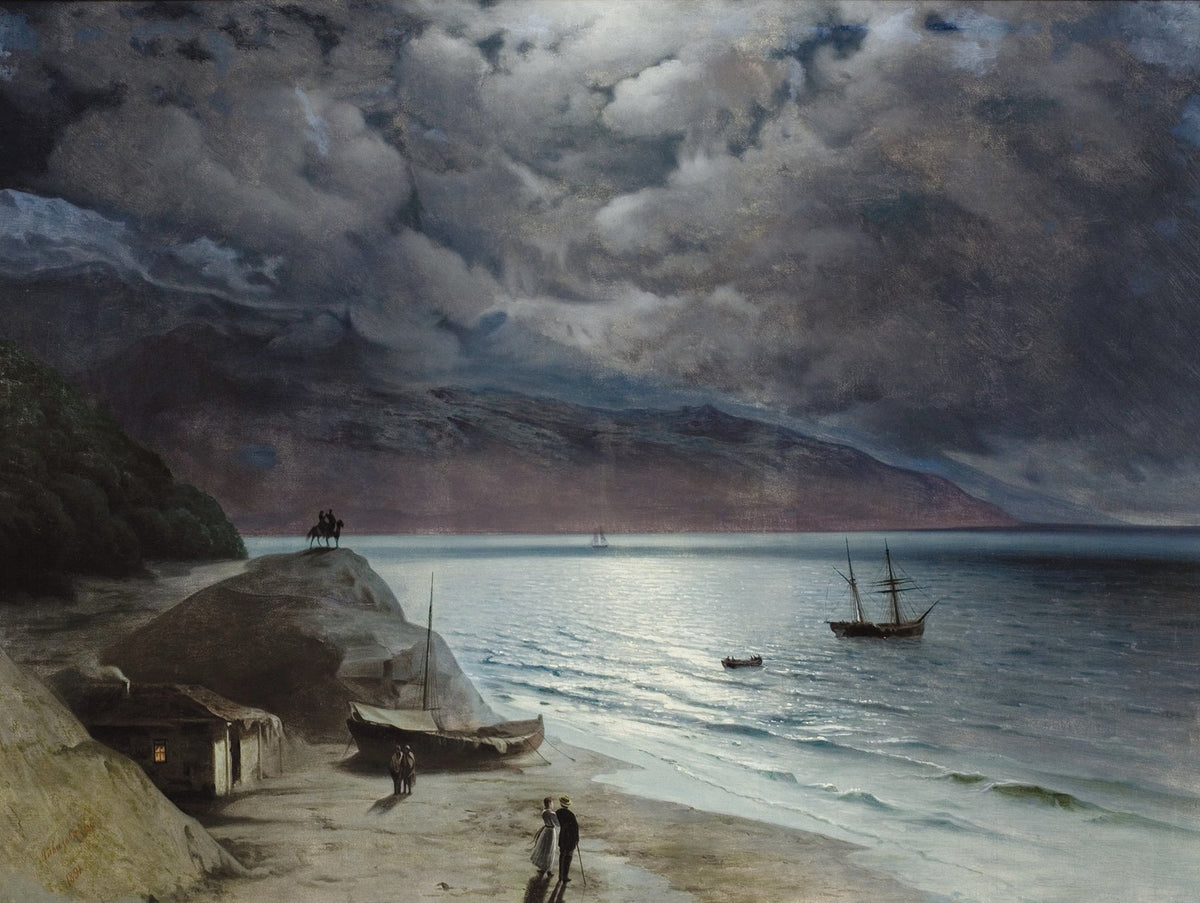 Hand-painted coastal moonlit harbor scene nautical oil painting on canvas