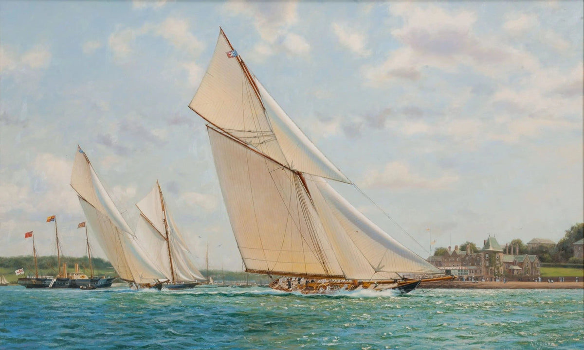 Hand-painted coastal regatta sailboats racing nautical oil painting on canvas
