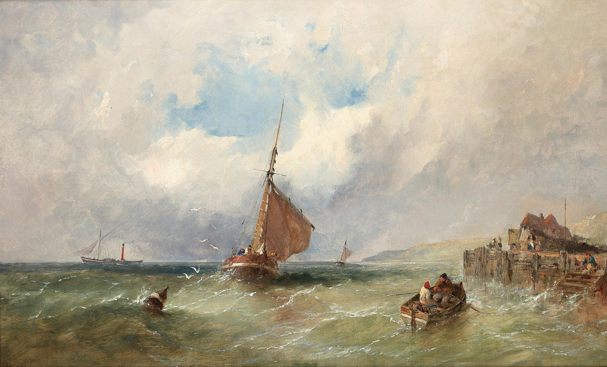 Hand-painted coastal sailboat and rowboat by harbor nautical oil painting on canvas