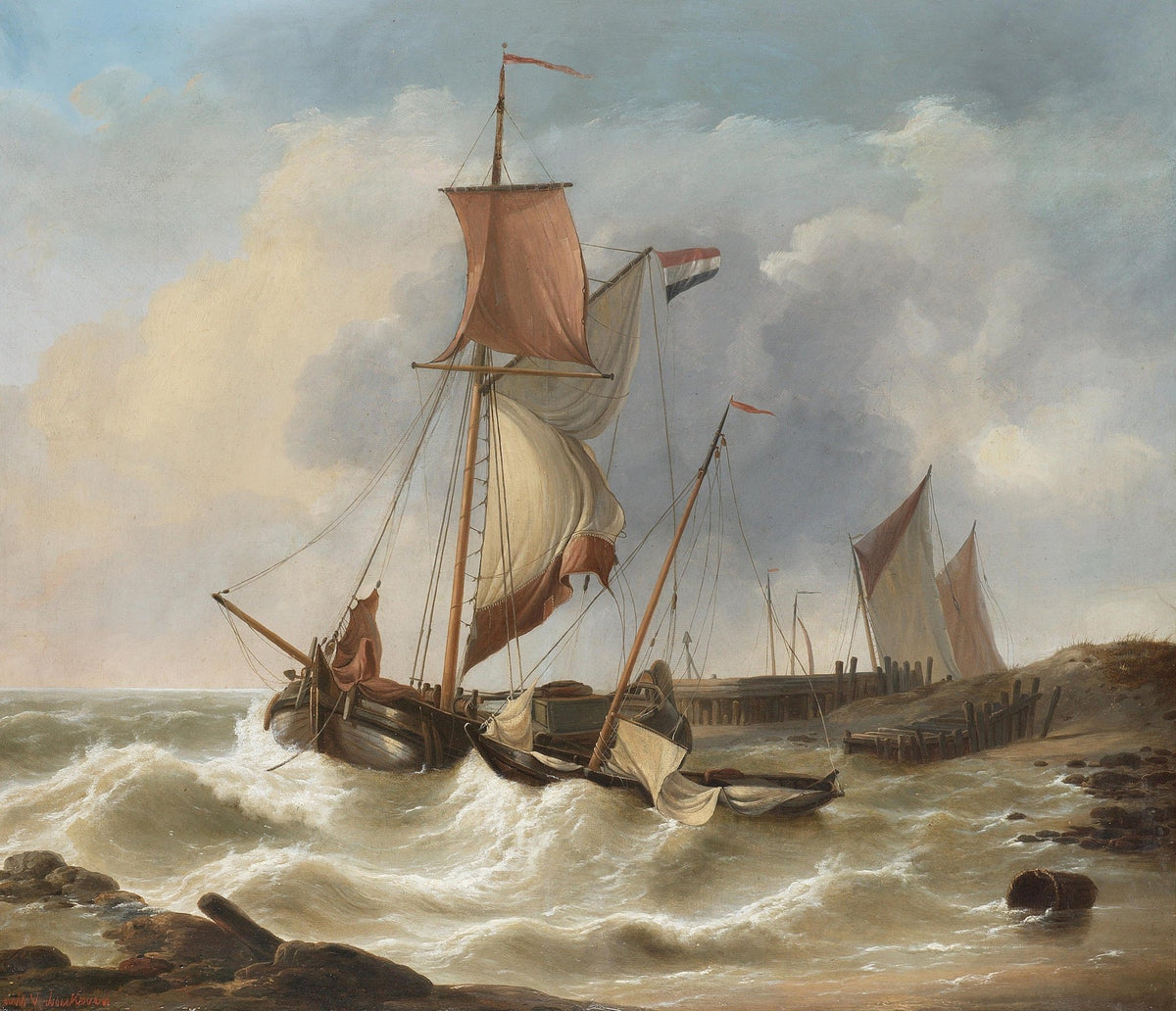 Hand-painted coastal sailboat in rising tide nautical oil painting on canvas