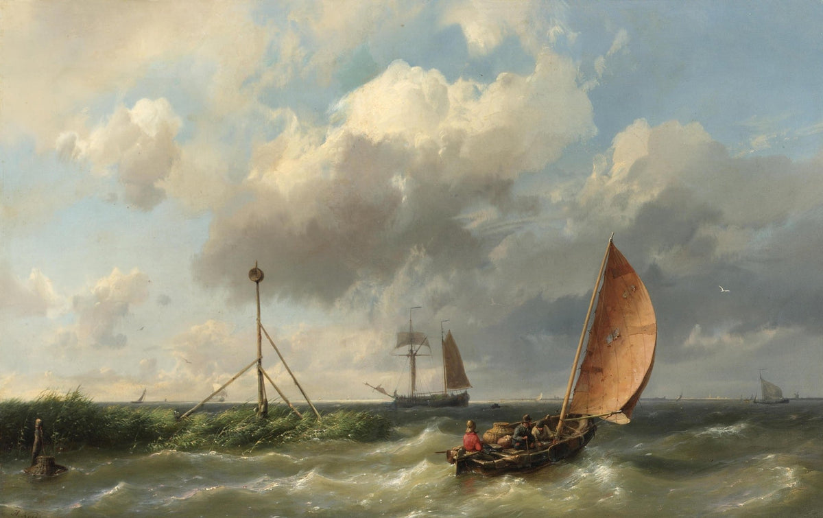 Hand-painted coastal sailboat in rough sea nautical oil painting on canvas