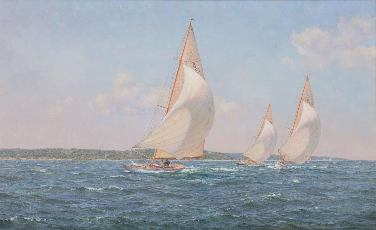 Hand-painted coastal sailboat race scene nautical oil painting on canvas