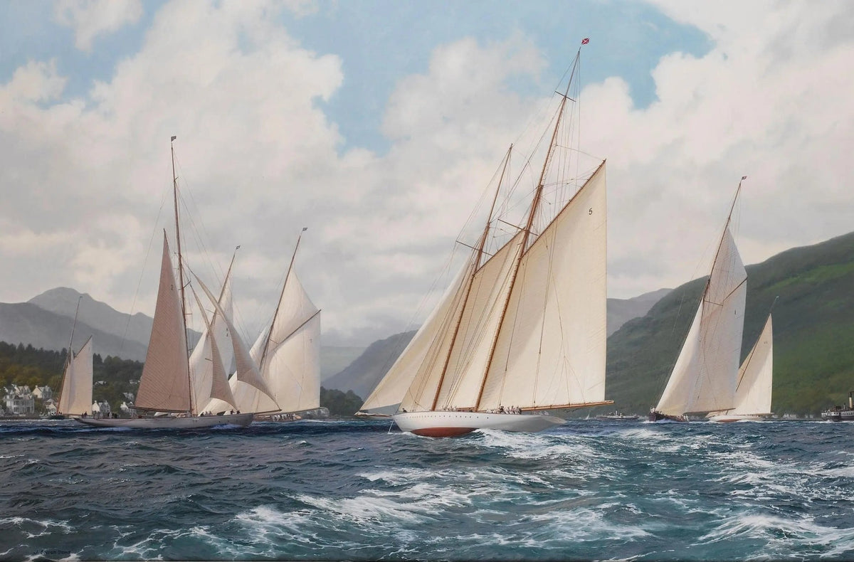 Hand-painted coastal sailboat racing scene nautical oil painting on canvas