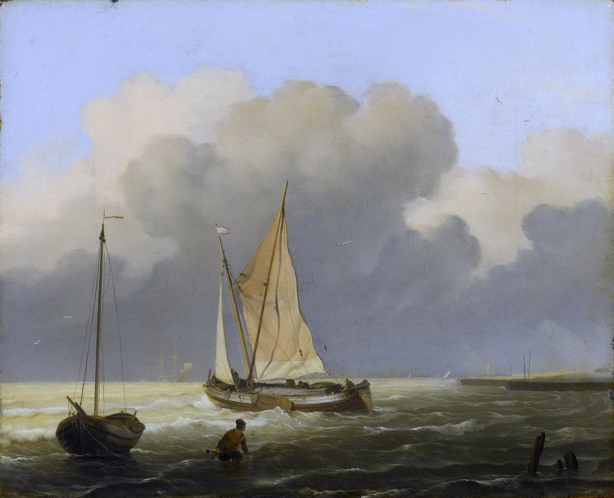 Hand-painted coastal sailboat under cloudy sky nautical oil painting on canvas
