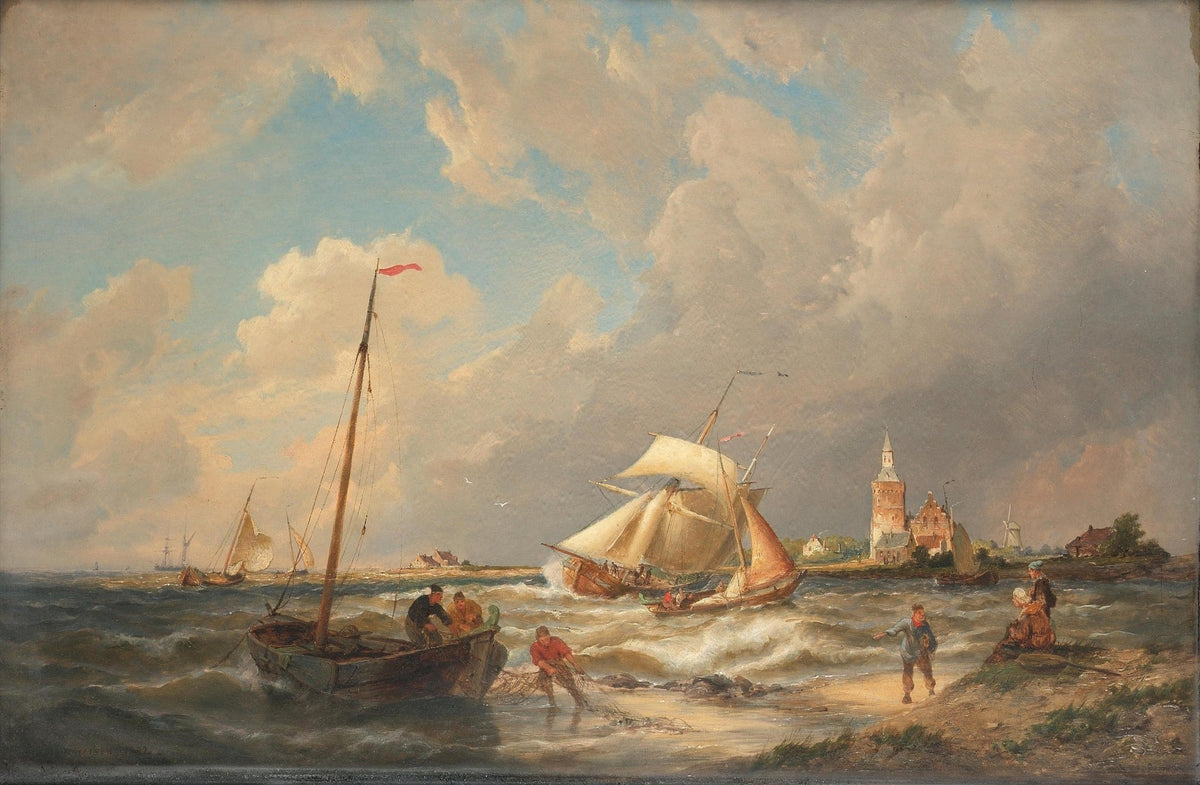 Hand-painted coastal sailboats and fishermen on shore nautical oil painting on canvas