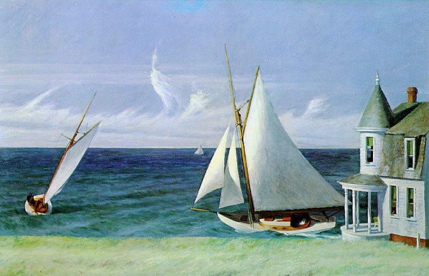 Hand-painted coastal sailboats by a seaside cottage nautical oil painting on canvas