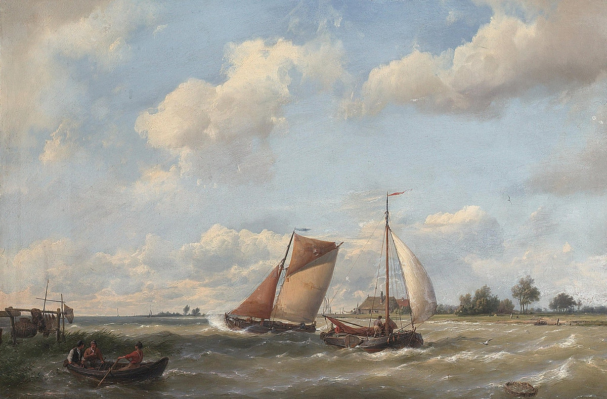 Hand-painted coastal sailboats in breeze nautical oil painting on canvas