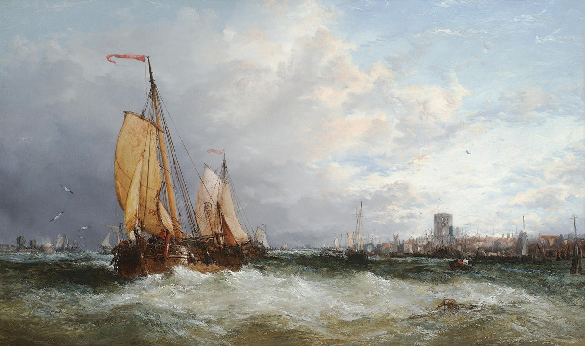 Hand-painted coastal sailboats in choppy sea waters nautical oil painting on canvas