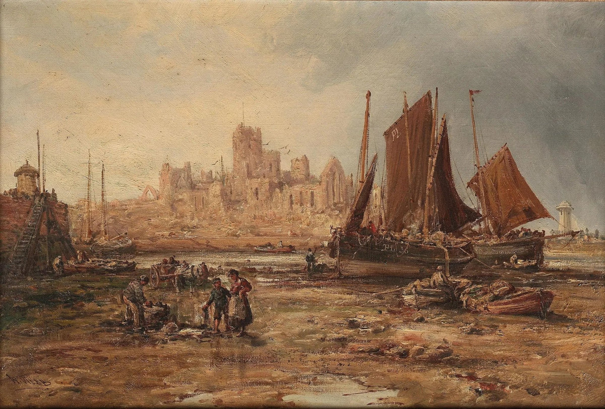 Hand-painted coastal scene with ships nautical oil painting on canvas