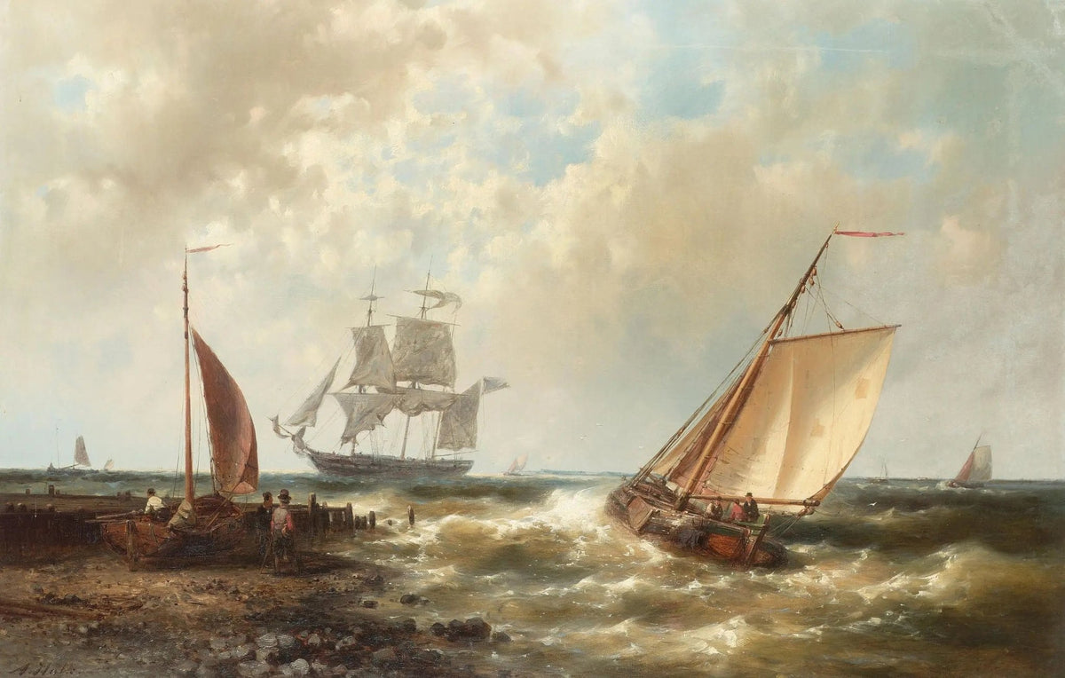 Hand-painted coastal ships in rough sea nautical oil painting on canvas