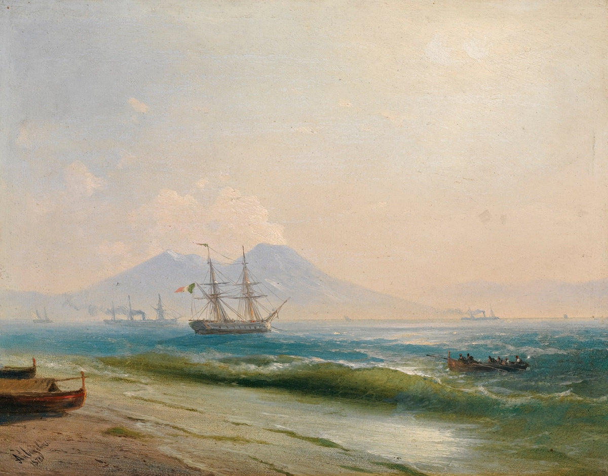 Hand-painted coastal ships with distant peaks nautical oil painting on canvas