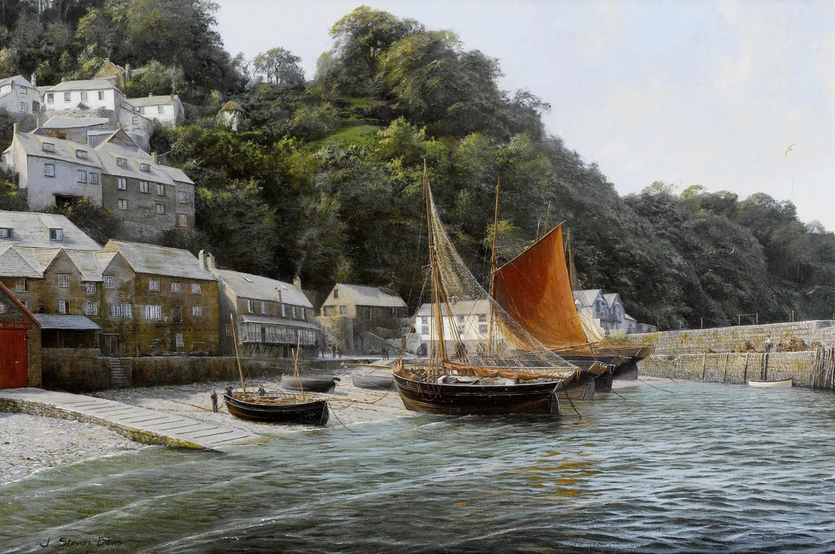 Hand-painted coastal village with sailboats nautical oil painting on canvas