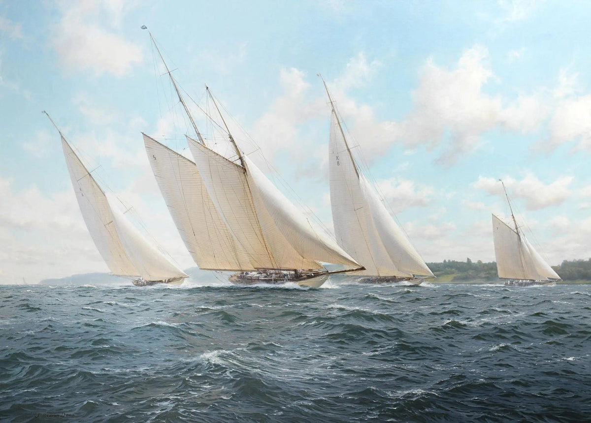 Hand-painted competitive sailboat race at sea nautical oil painting on canvas