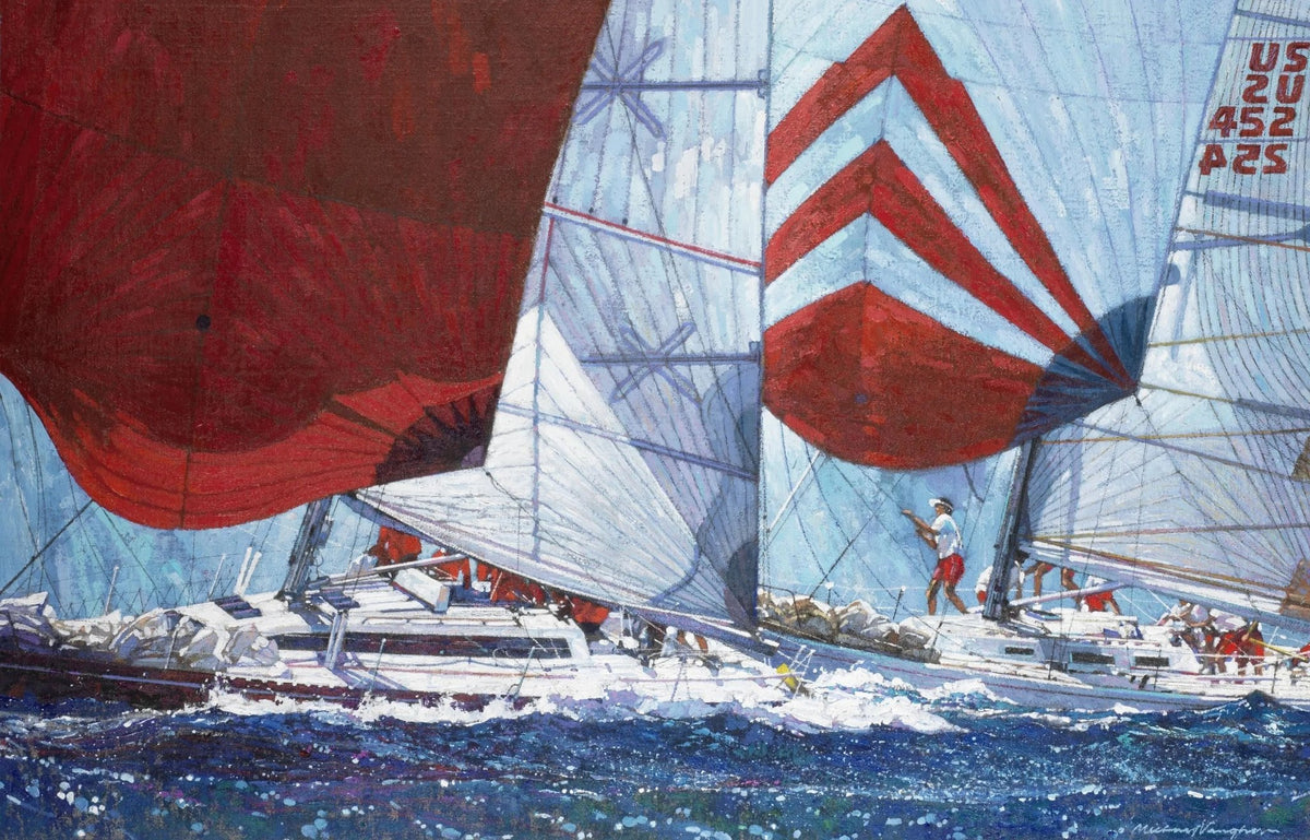 Hand-painted competitive sailboat race on open sea nautical oil painting on canvas