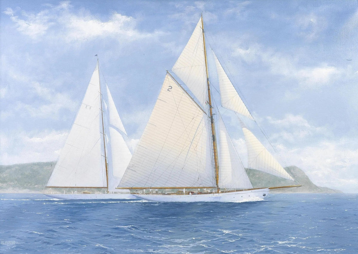 Hand-painted competitive sailboats in maritime race nautical oil painting on canvas