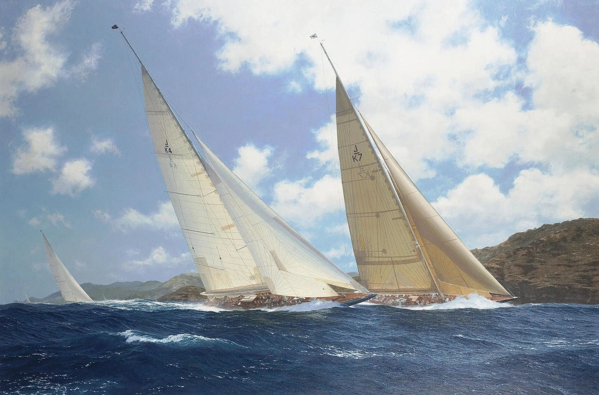 Hand-painted competitive sailboats in sea race nautical oil painting on canvas