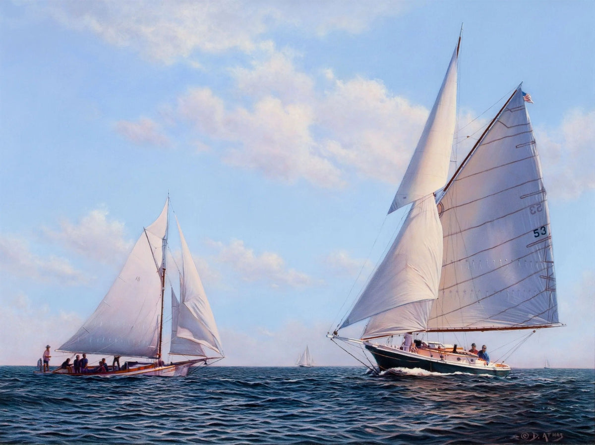 Hand-painted competitive yacht race on calm sea nautical oil painting on canvas