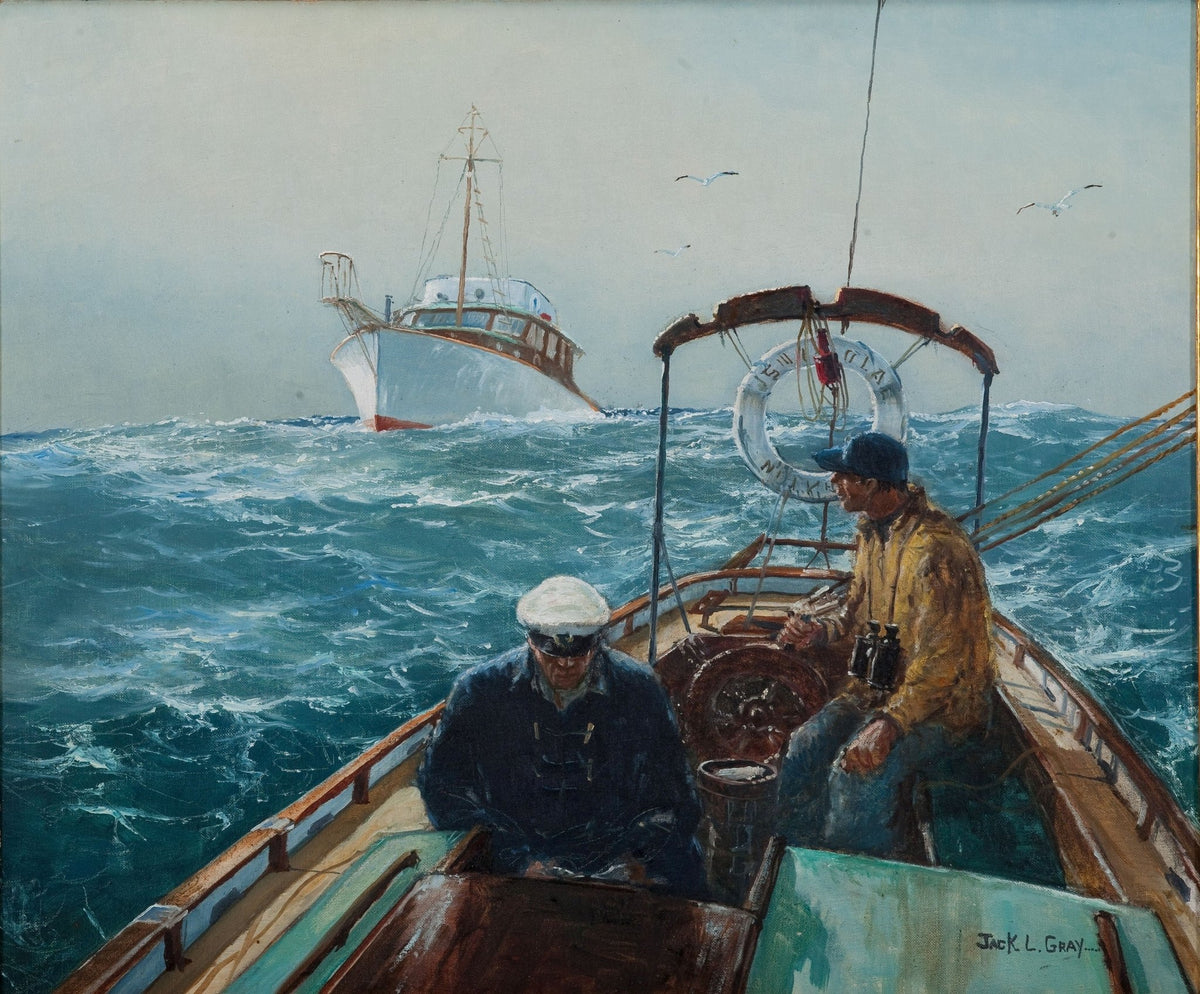 Hand-painted crew in motorboat on rough open sea nautical oil painting on canvas