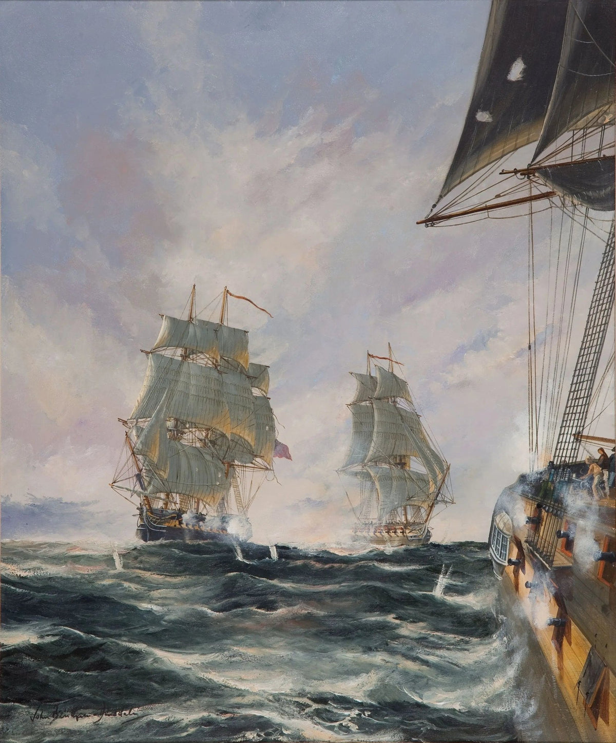 Hand-painted dramatic naval battle at sea nautical oil painting on canvas