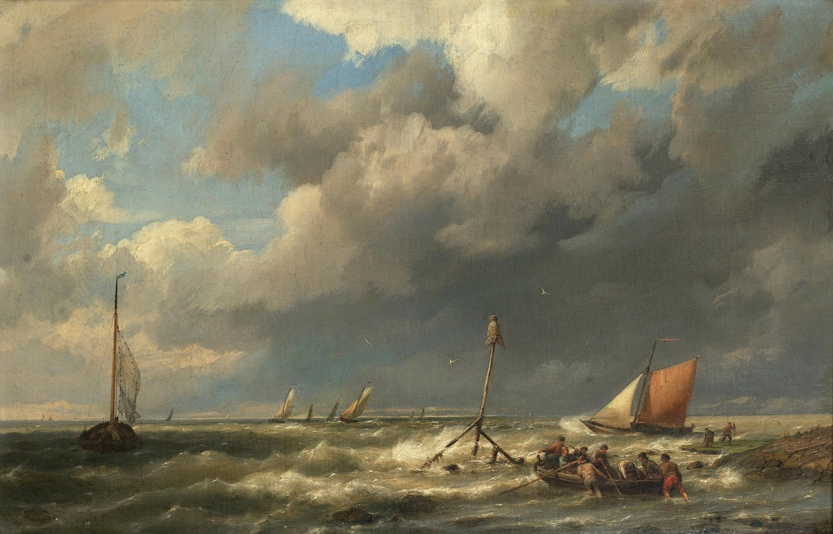 Hand-painted dramatic seascape with sailboats nautical oil painting on canvas