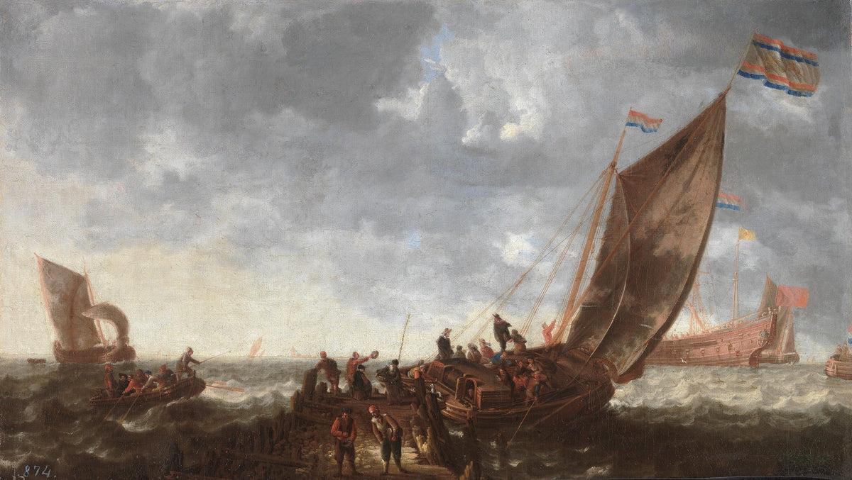 Hand-painted Dutch boats boarding at windy shore nautical oil painting on canvas