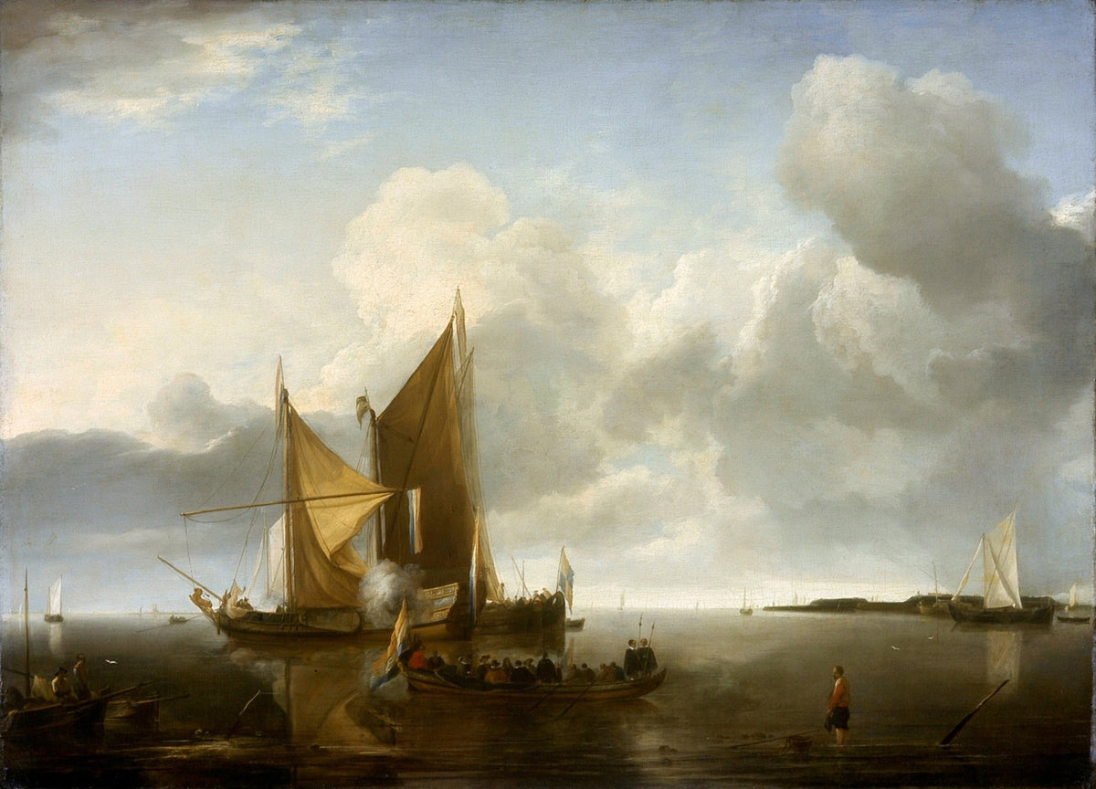 Hand-painted Dutch boats in calm harbor light nautical oil painting on canvas