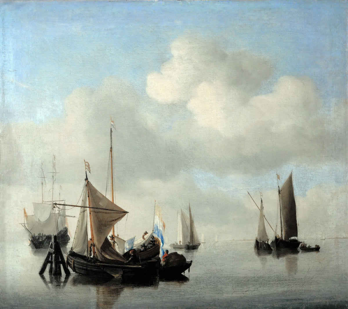 Hand-painted Dutch boats on a quiet morning sea nautical oil painting on canvas