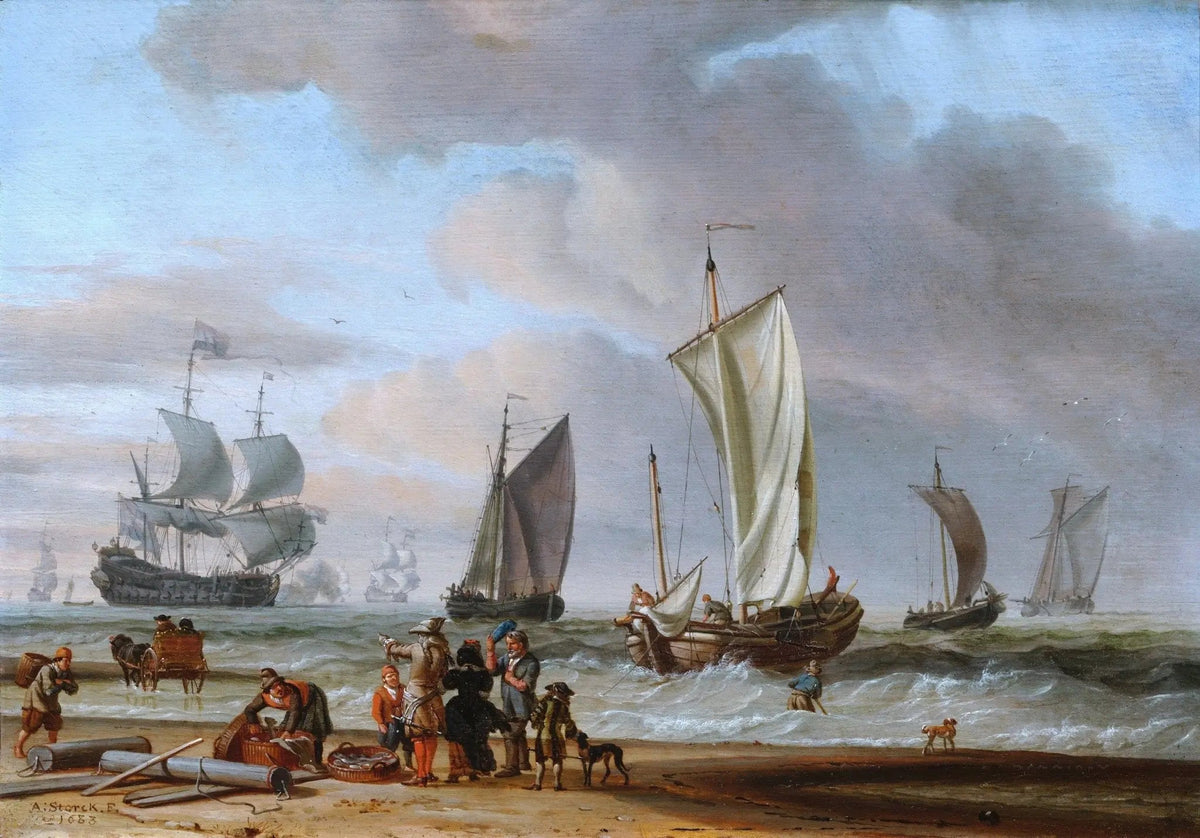 Hand-painted Dutch coastal with ships and figures nautical oil painting on canvas