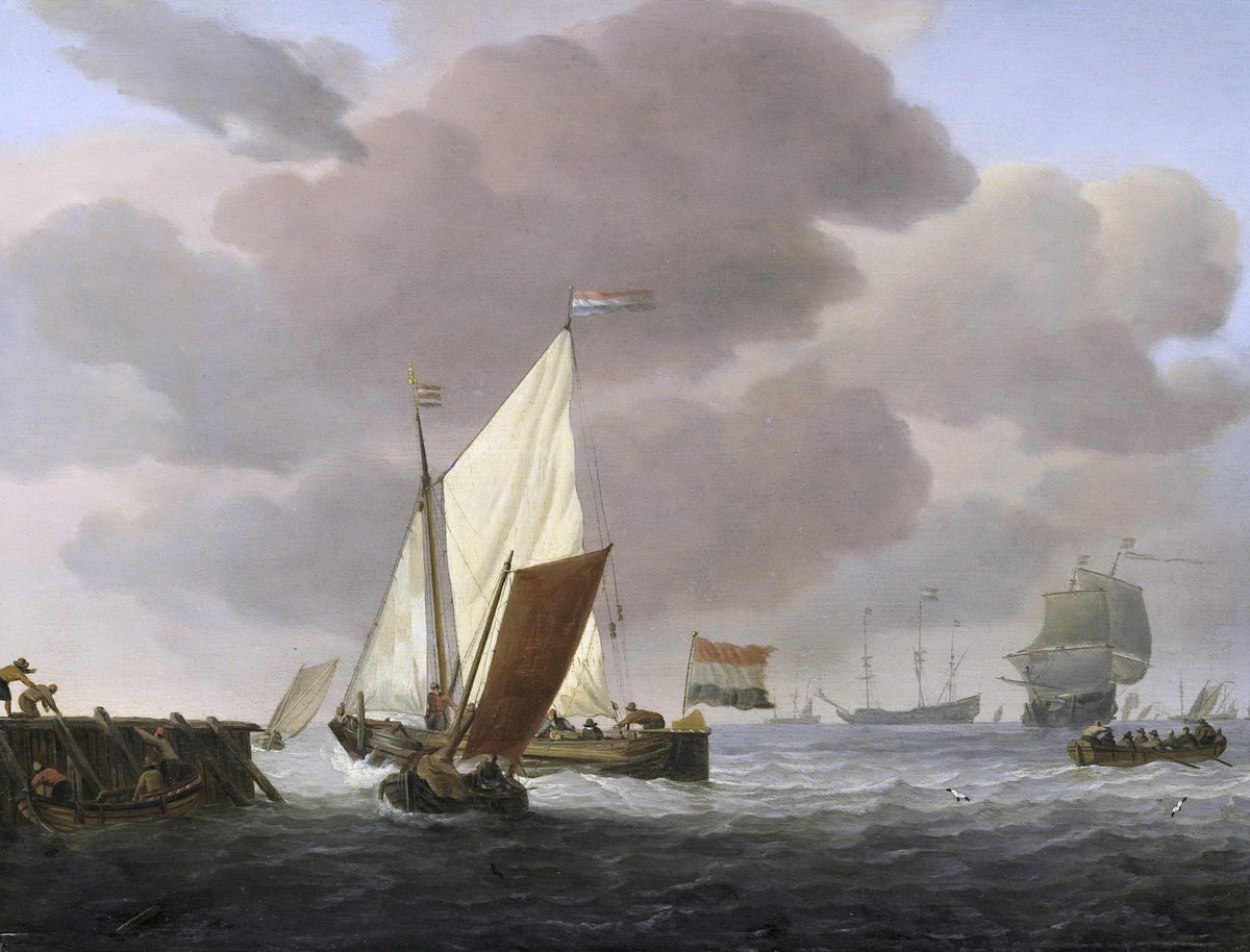 Hand-painted Dutch coastal ships in a strong breeze nautical oil painting on canvas