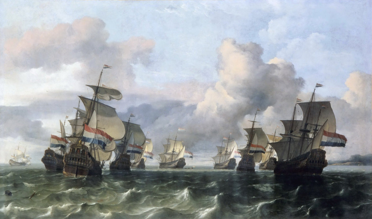 Hand-painted Dutch east india fleet on open sea nautical oil painting on canvas