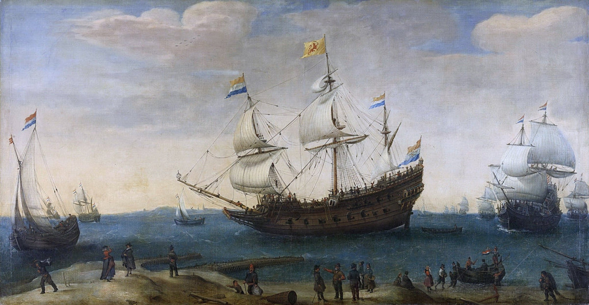 Hand-painted Dutch east indiamen off the coast nautical oil painting on canvas