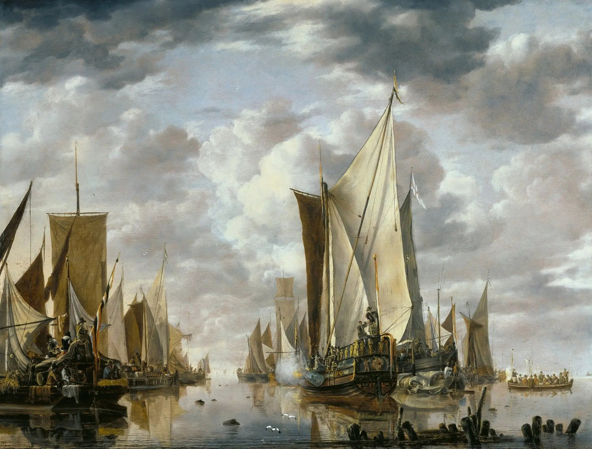 Hand-painted Dutch fleet in calm waters nautical oil painting on canvas