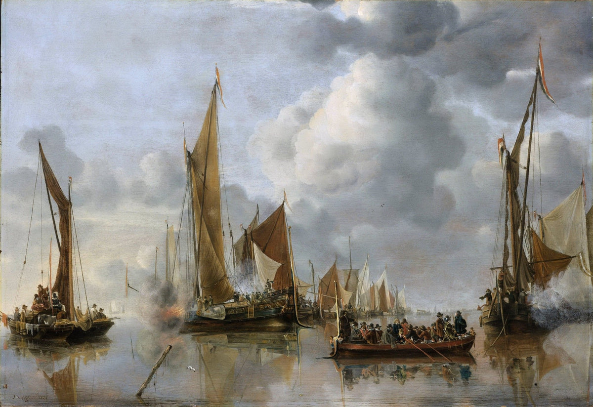 Hand-painted Dutch fleet on calm harbor water nautical oil painting on canvas
