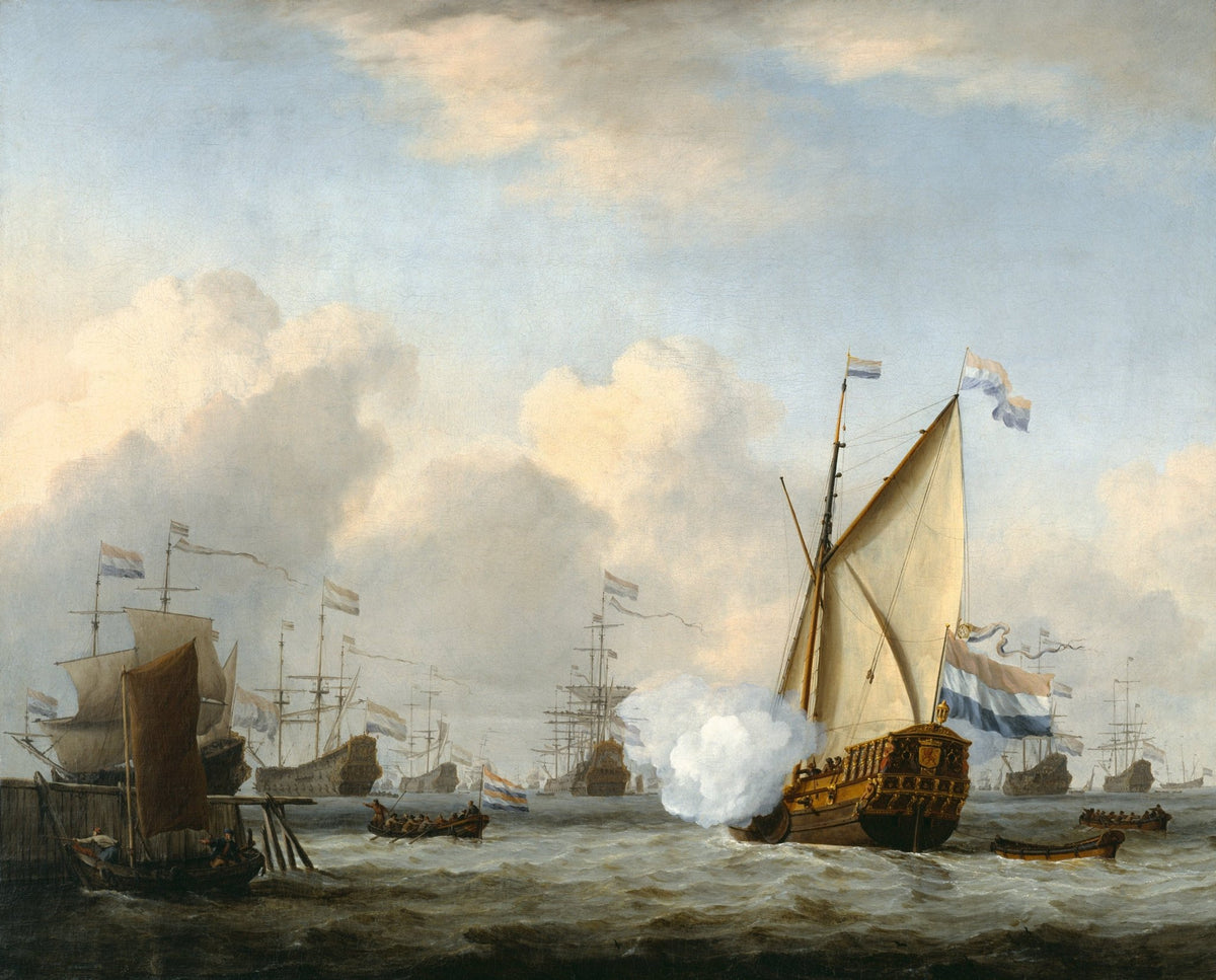 Hand-painted Dutch fleet saluting in coastal waters nautical oil painting on canvas