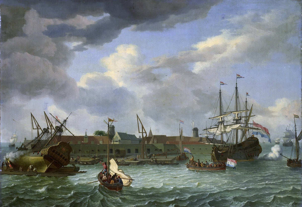 Hand-painted Dutch harbor at Batavia shipyard nautical oil painting on canvas