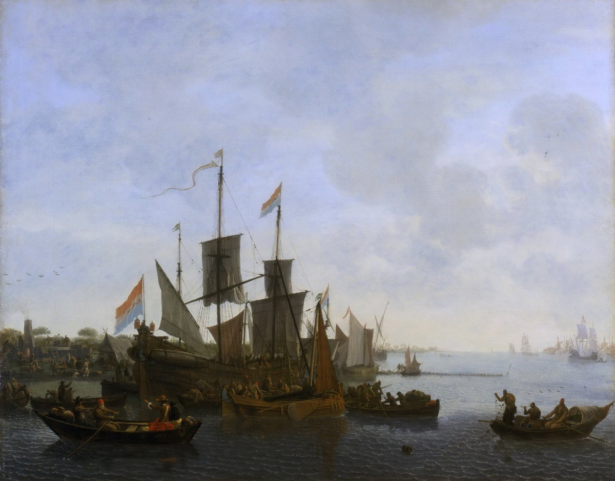 Hand-painted Dutch harbor ships in calm water nautical oil painting on canvas