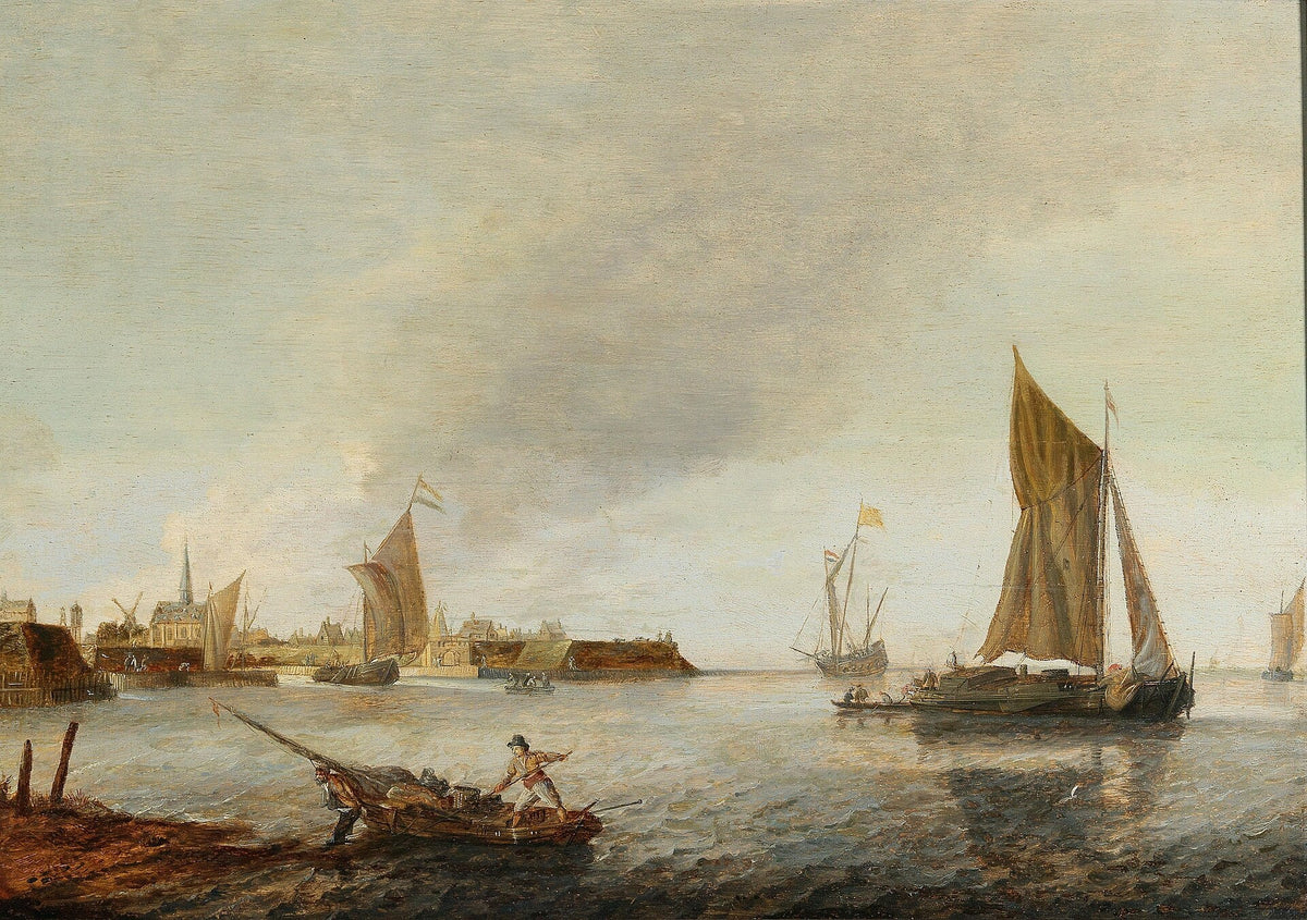 Hand-painted Dutch harbor with sailing boats at dawn nautical oil painting on canvas