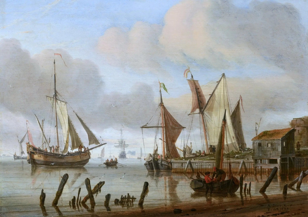Hand-painted Dutch harbor with sailing vessels nautical oil painting on canvas
