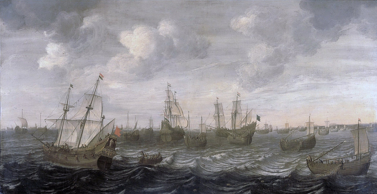 Hand-painted Dutch herring fleet in rough sea nautical oil painting on canvas