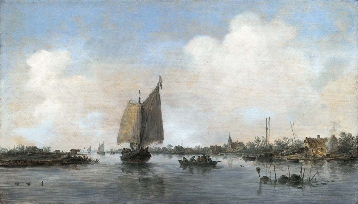 Hand-painted Dutch river sailboat at dawn nautical oil painting on canvas