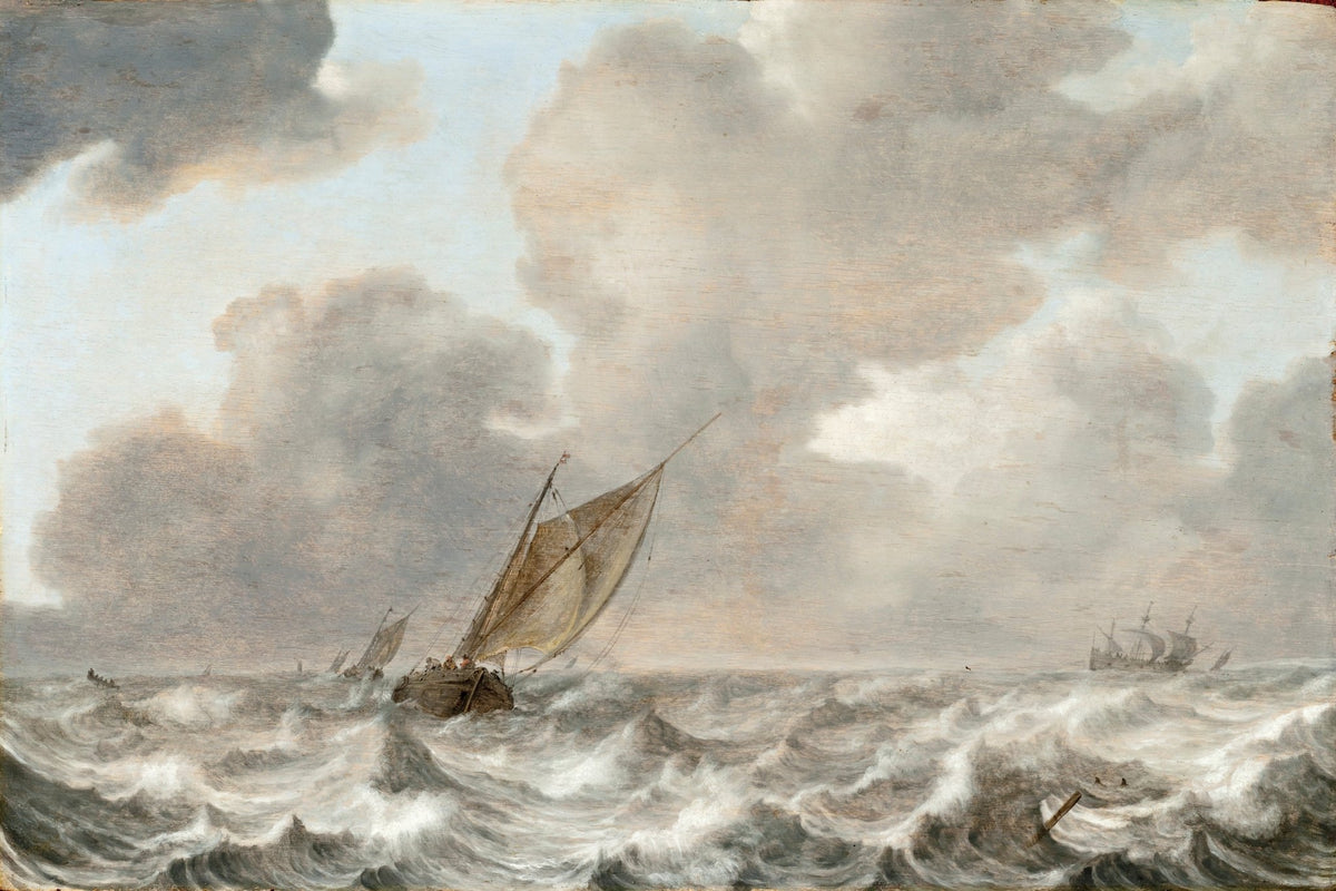 Hand-painted Dutch sailboat in rolling sea waves nautical oil painting on canvas